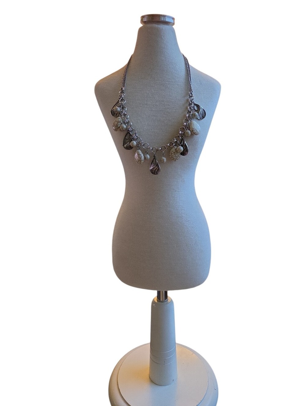 Silver Toned Chain Necklace with White and Brown Marbled Teardrop Charms 18"
